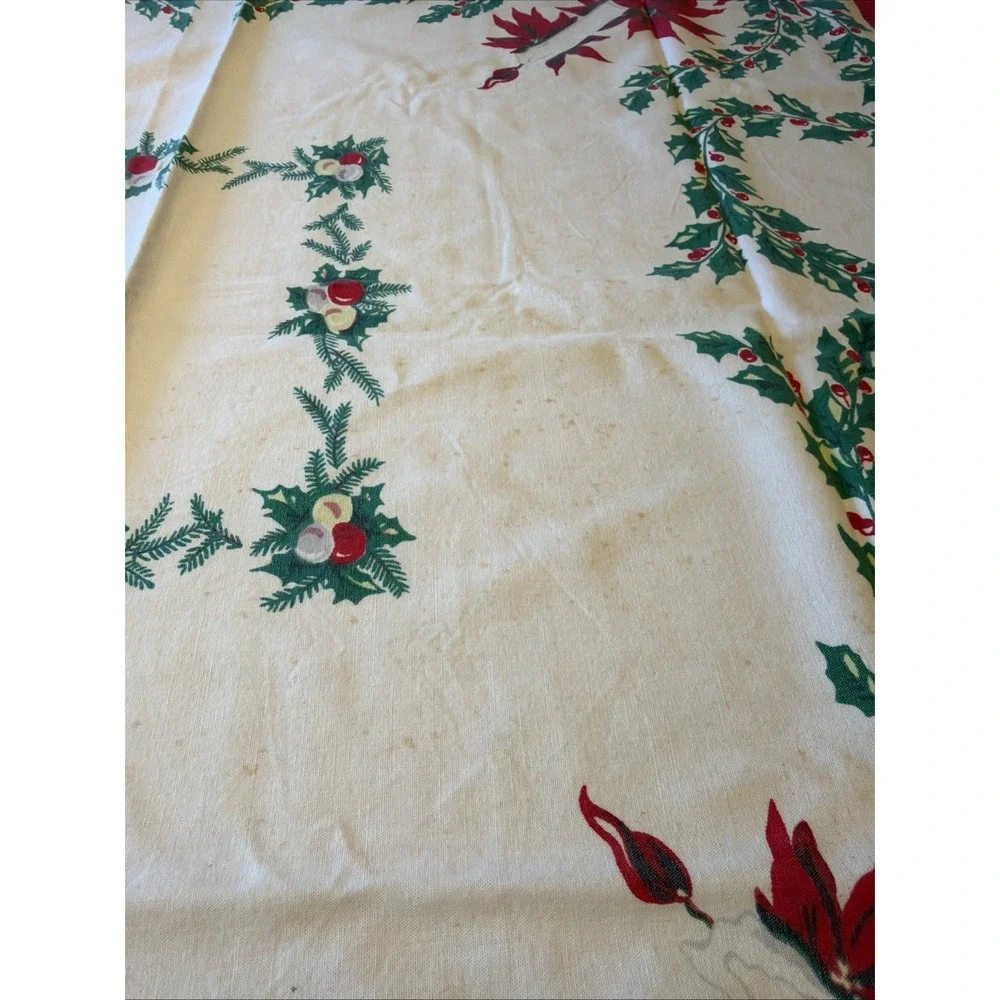 Vtg Mid-Century Modern Christmas Tablecloth Poinsettia Candles Holly 43